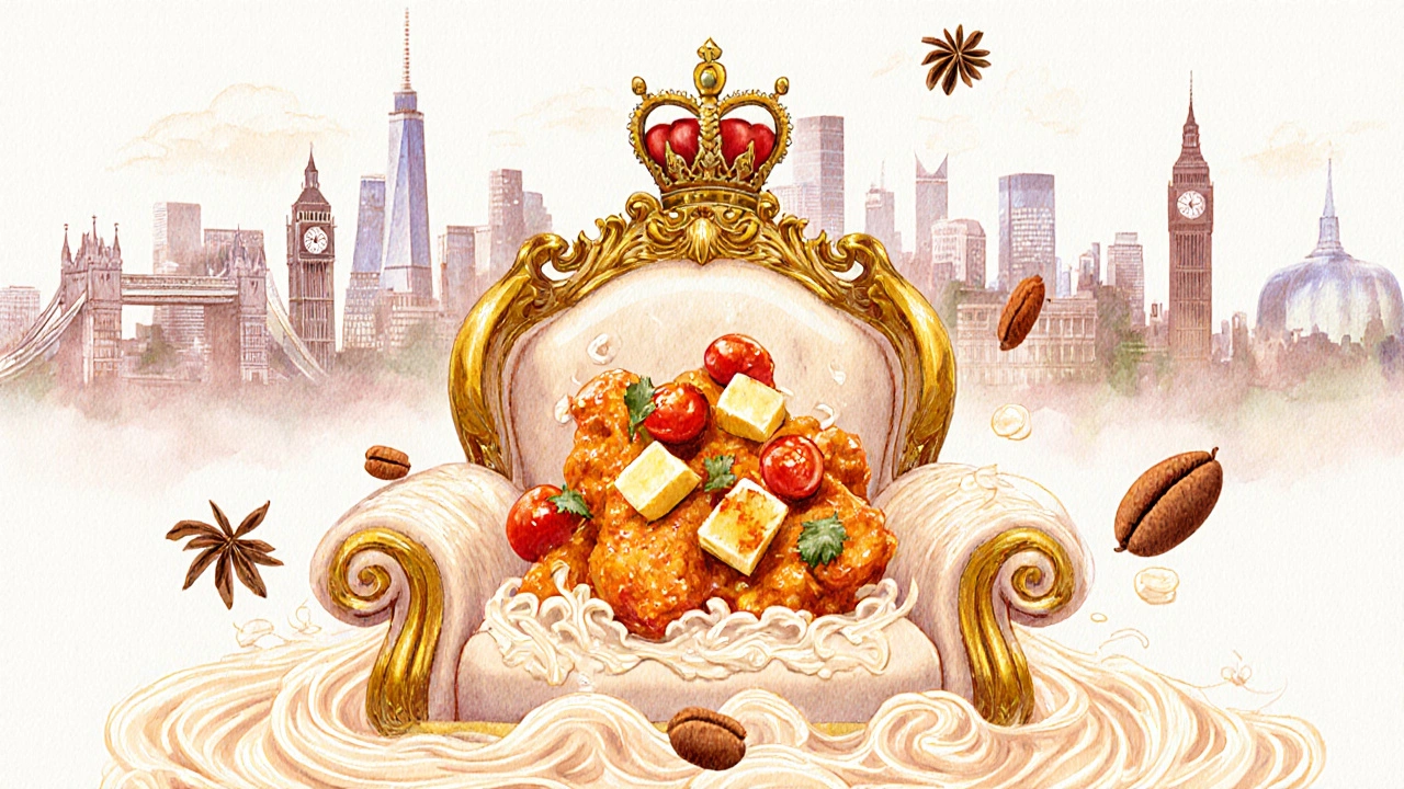 Butter chicken as a royal throne made of cream, tomatoes, and spices, symbolizing its global status.