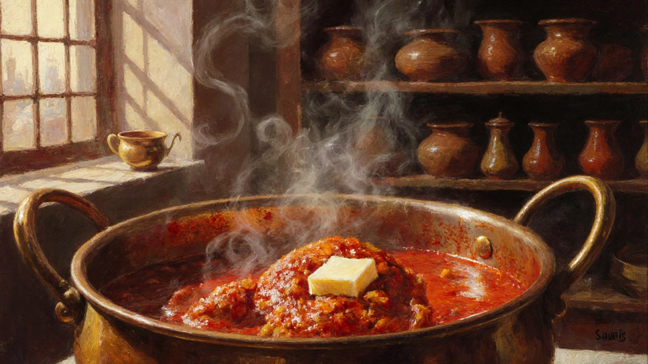 Chef in 1950s Delhi simmering tandoori chicken in tomato-butter sauce in a copper pot.