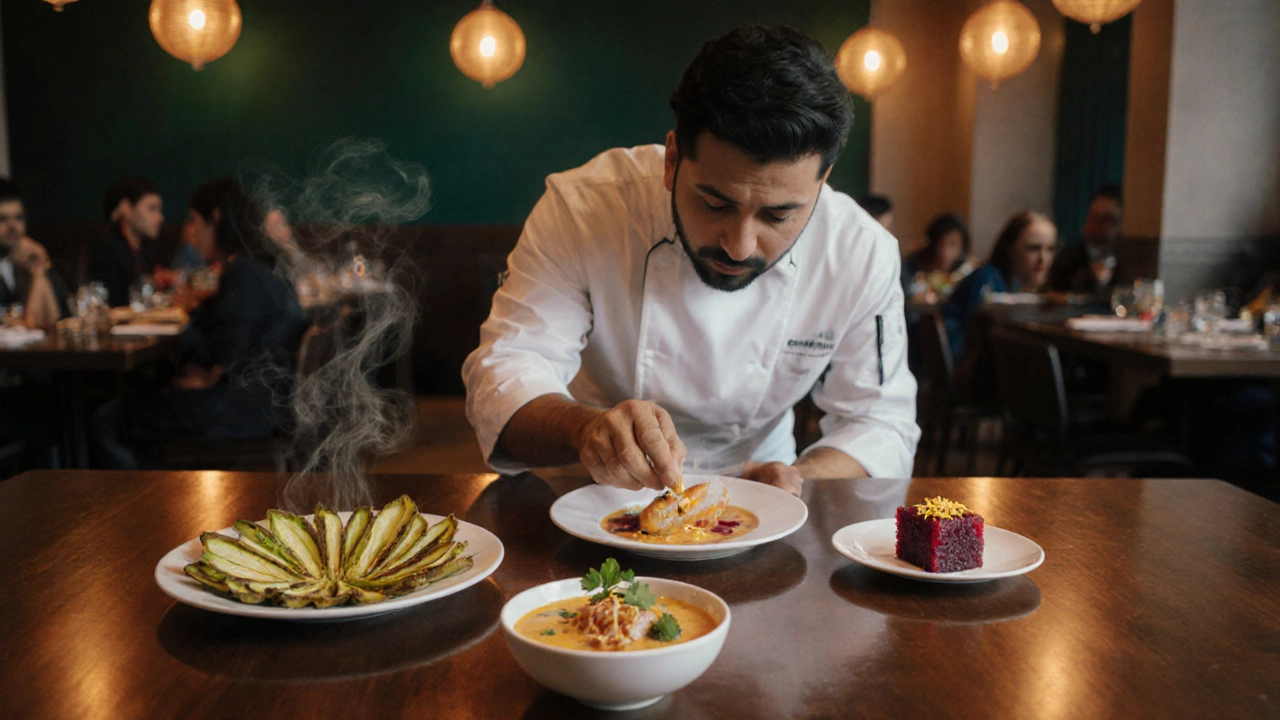 Chef plating modern versions of bitter gourd chips, fermented fish curry, and beetroot halwa in a upscale restaurant.