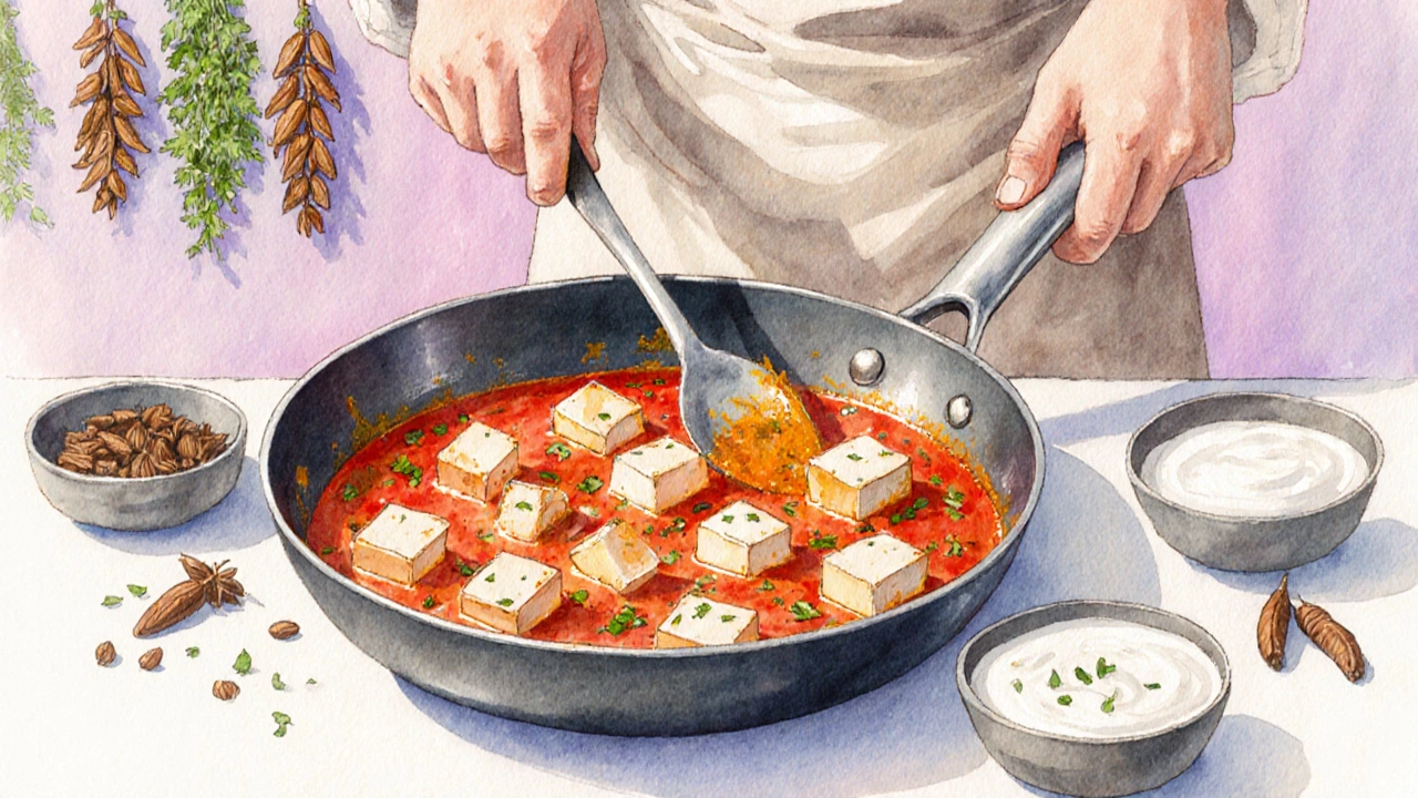 Chef stirring creamy Paneer Butter Masala with yogurt and coconut milk nearby.