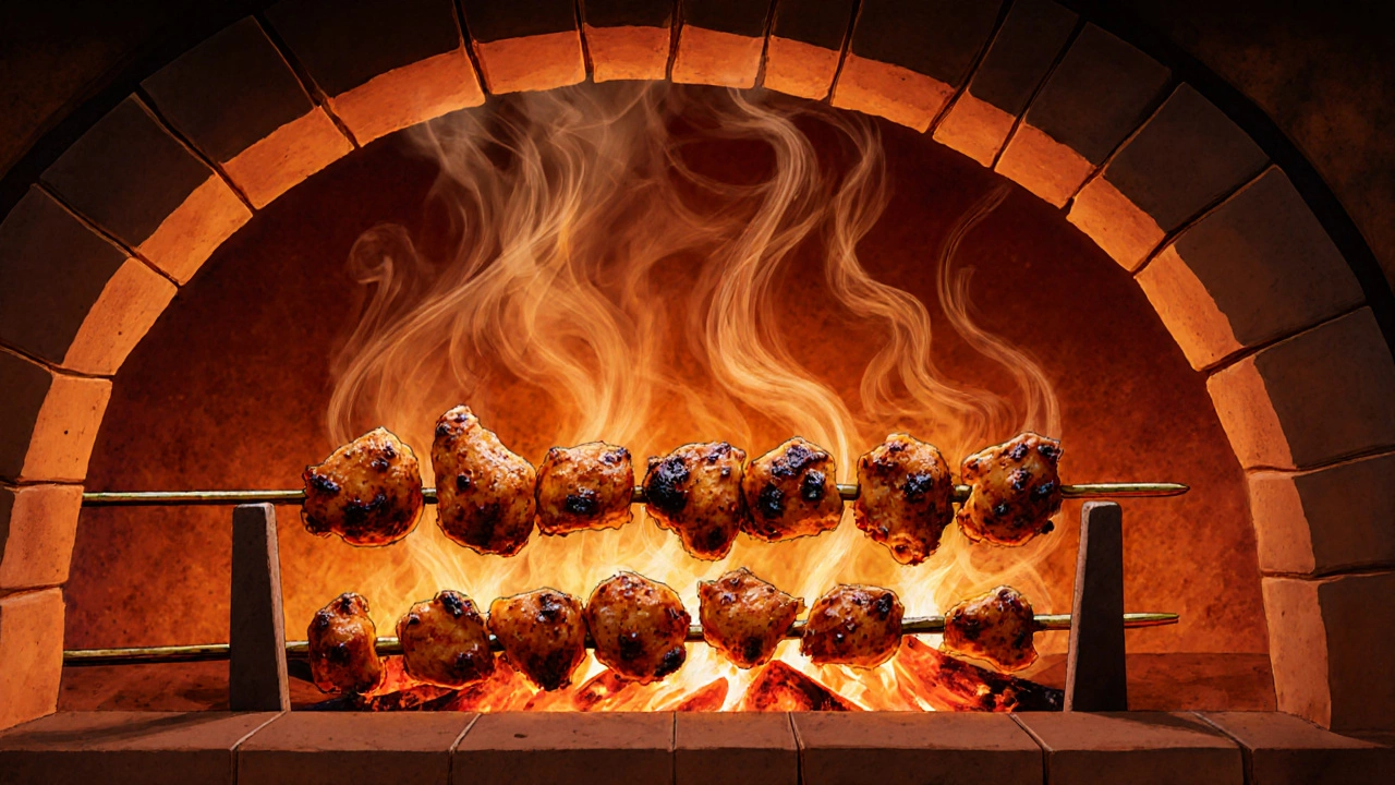 Chicken cooking inside a glowing tandoor, showing orange‑brown crust and smoke.