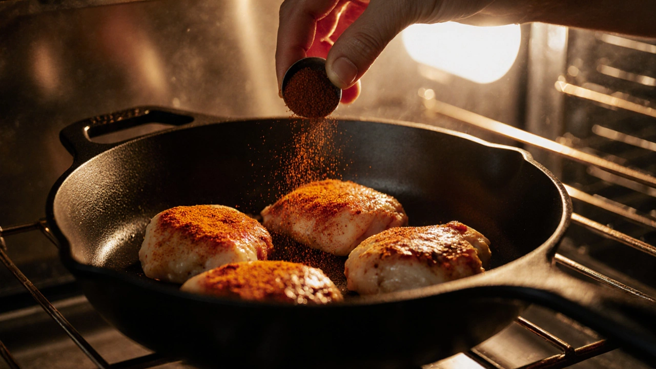 Chicken finished under a broiler in a kitchen, with fresh paprika sprinkled on top.