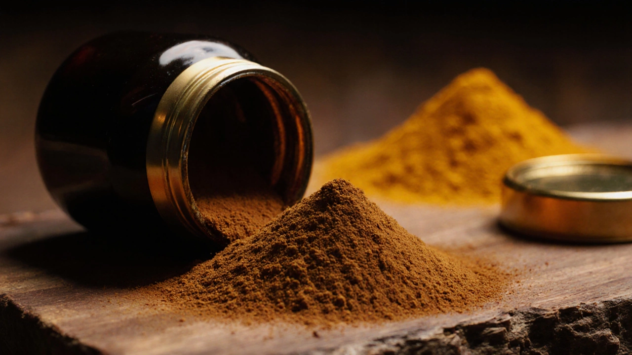 Close-up of an open jar of brown garam masala powder with a separate pile of turmeric in the background.
