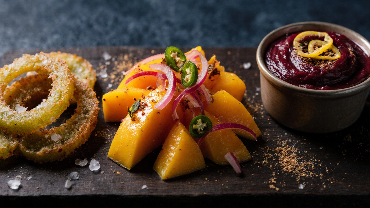 Close‑up of fried bitter gourd rings, raw mango salad, and beetroot halwa on a wooden board.