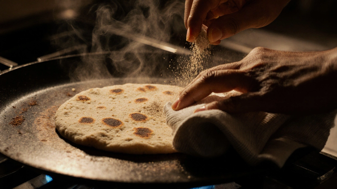Close‑up of hands cooking a roti on a hot griddle, showing flour and steam.