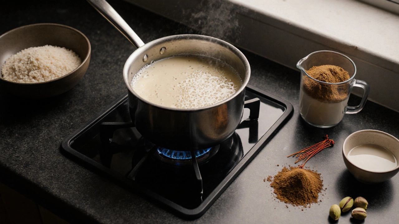 Close-up of simmering kheer in a pot with surrounding raw ingredients on a kitchen counter.
