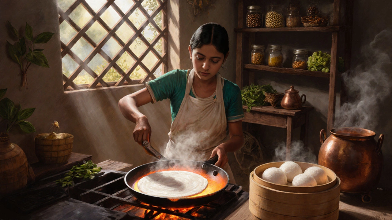 Digital painting of a cook making appam and steaming idlis in a Kerala kitchen.