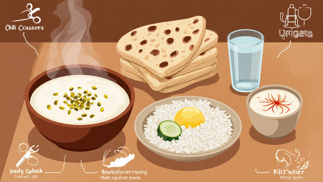 Flat design of a mild Indian meal with curd rice, naan, raita, water, and kheer.