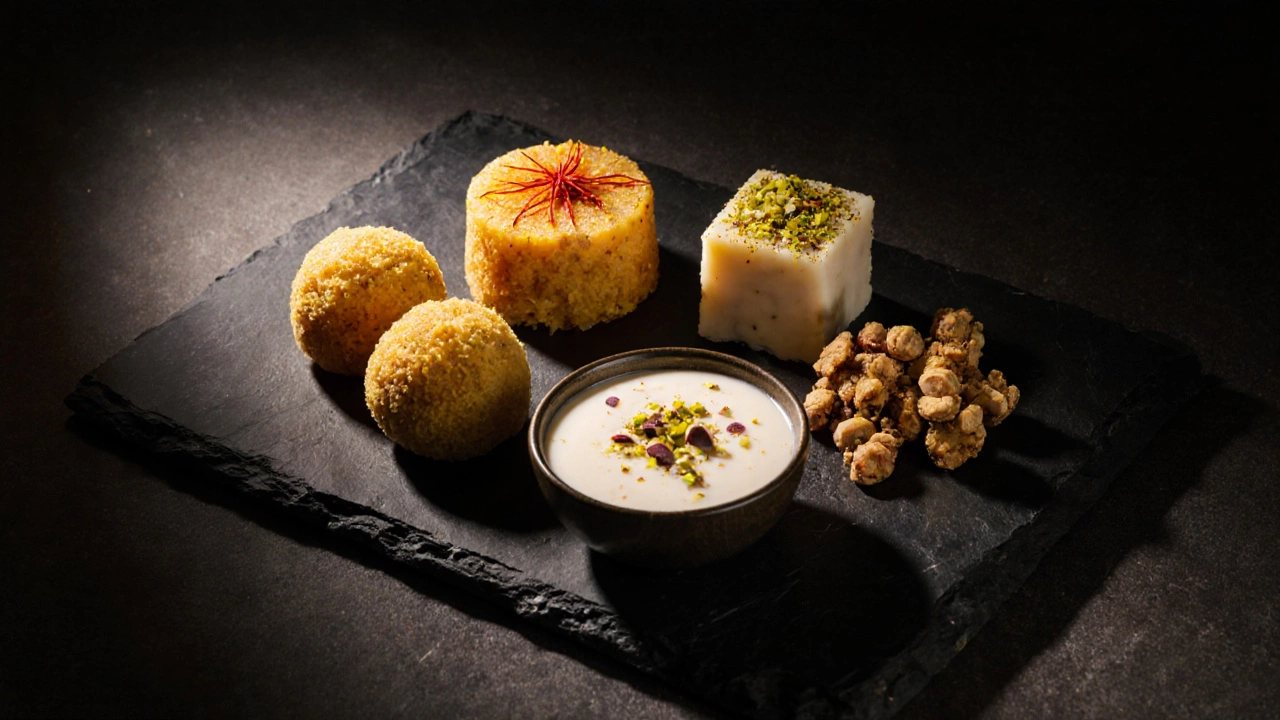 Flat‑lay of assorted high‑protein Indian sweets on a dark slate platter.