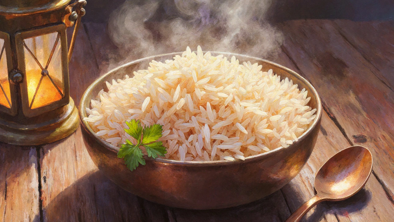 Fluffy steamed basmati rice in a bowl with cilantro and steam on a rustic table.