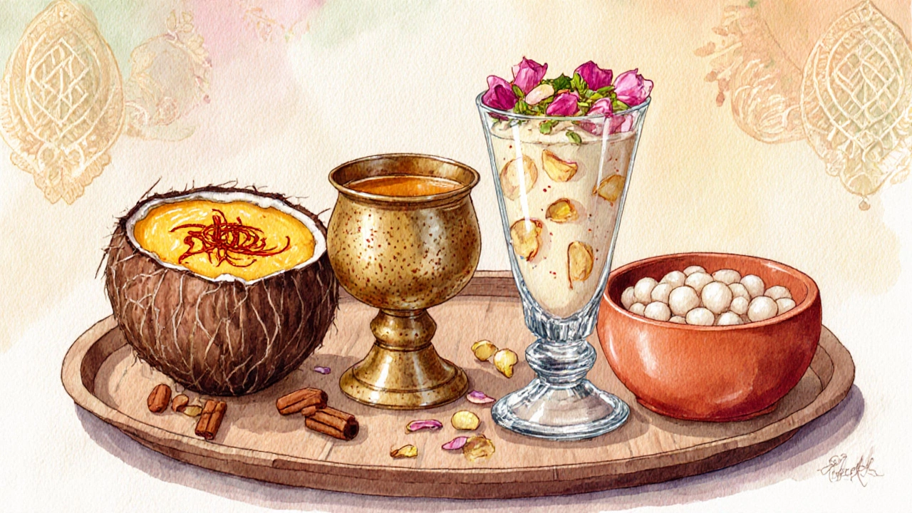 Four regional kheer varieties displayed on a wooden tray, each in distinct traditional bowls.