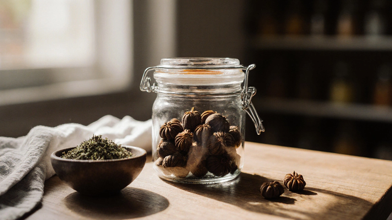 Glass jar of star‑anise pods stored on a kitchen countertop.