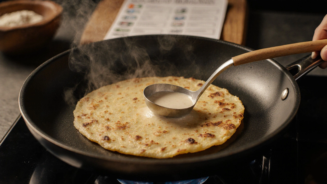 Golden crisp dosa being poured from smooth batter on a hot skillet.