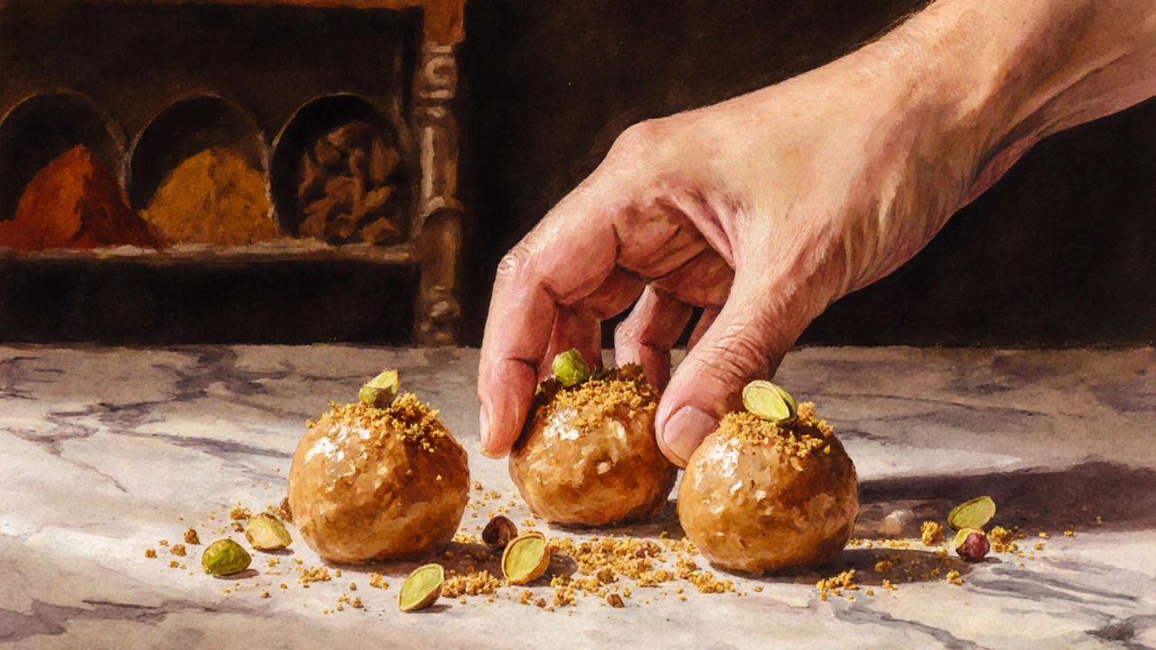 Hand rolling golden Paneer Ladoo balls, dusted with cardamom and pistachios.