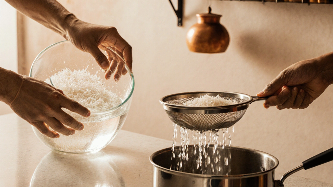 Hands rinsing, draining, and transferring soaked basmati rice in a kitchen setting.