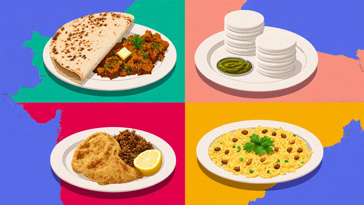 Illustrated collage of four regional Indian breakfast dishes: roti, idli, luchi, and poha.