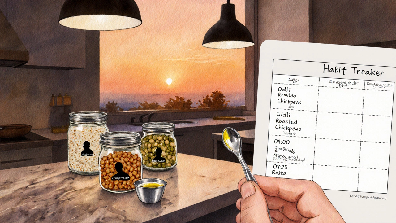 Kitchen scene showing snack containers, a teaspoon of oil, and a daily meal schedule.