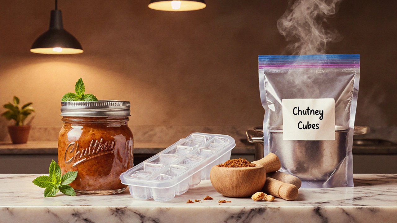 Kitchen scene showing stored chutney jar, frozen cubes, and mortar.