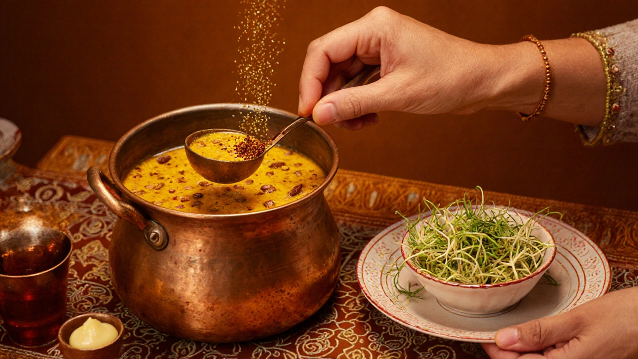 Miniature style kitchen with simmering dal, spices, and sprouted bean salad.