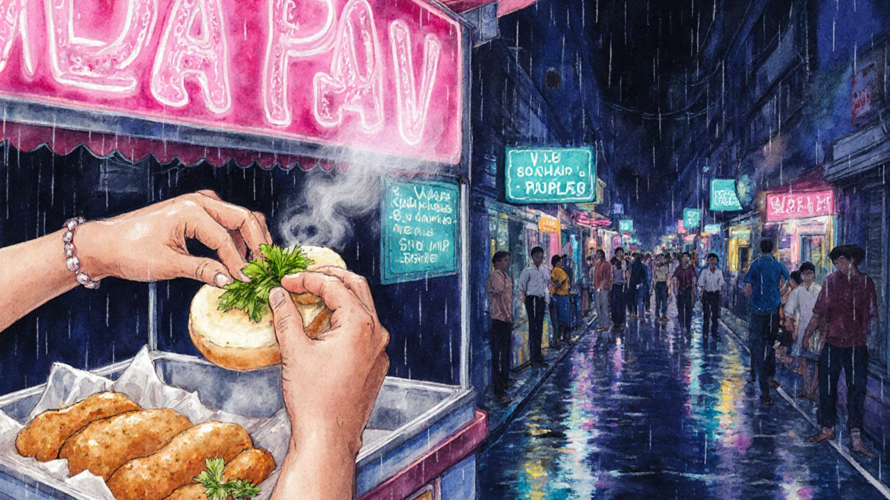 Nighttime Mumbai vendor serving Vada Pav under bright neon lights.