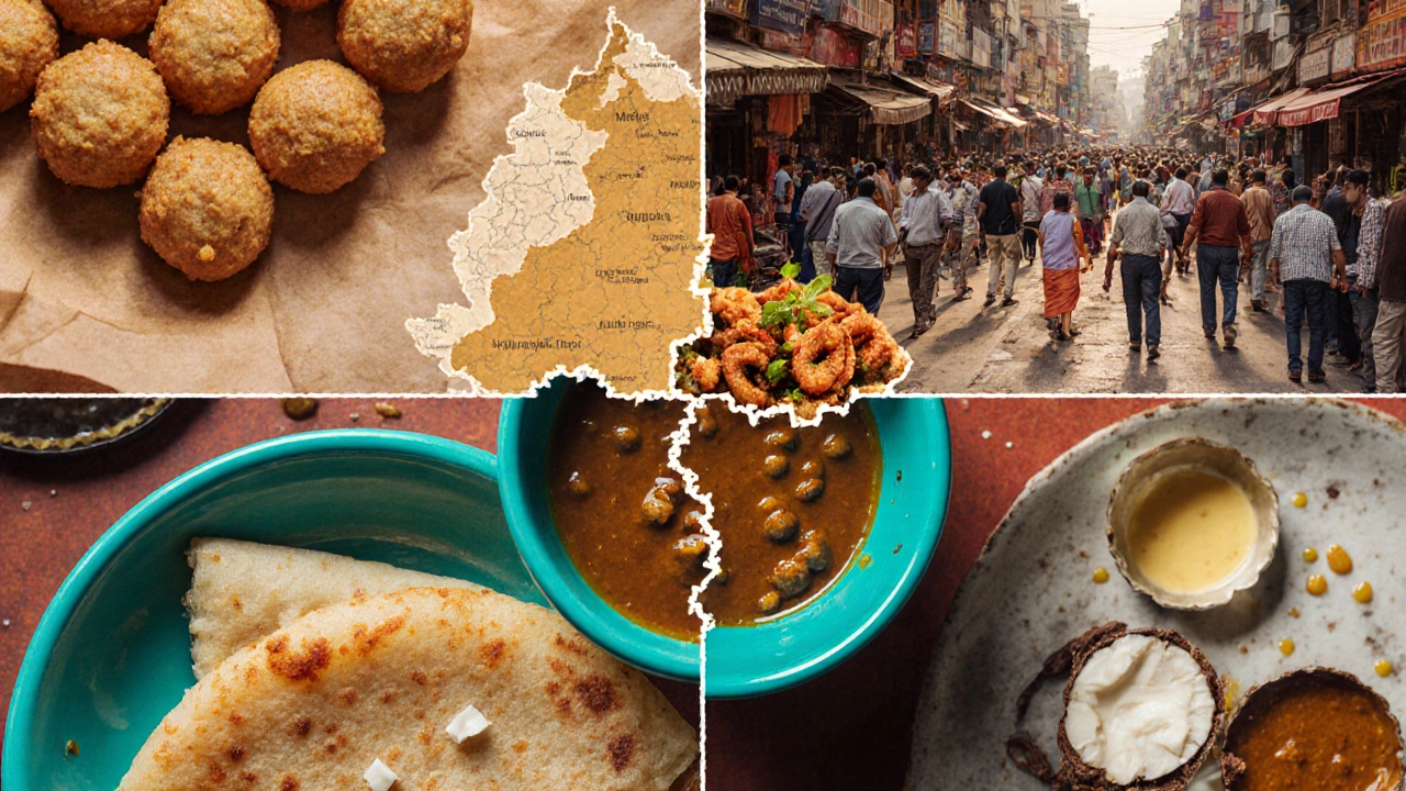 Overhead collage of iconic Indian street foods from five states.
