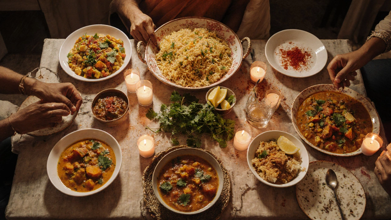 Overhead view of a family table filled with dairy‑free Indian dishes and lemon wedges.