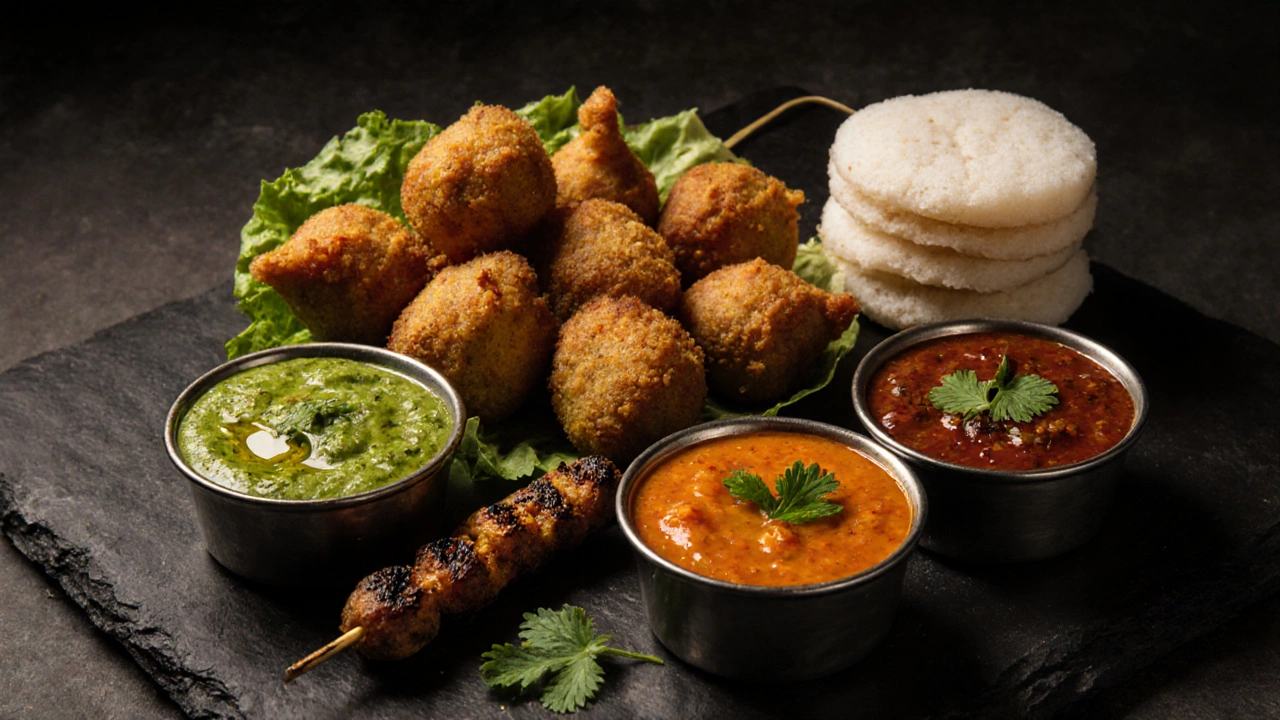 Snack platter with samosas, pakoras, and mint and tamarind chutney.