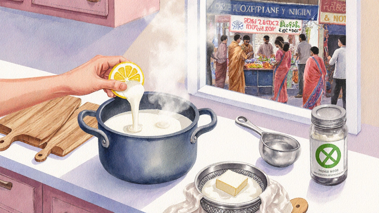 Someone making fresh paneer in a kitchen with separate utensils and a street food stall outside.