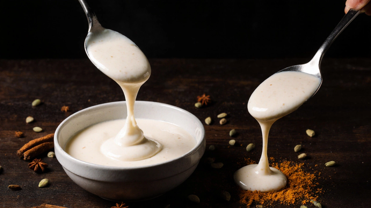 Spoon dripping thick sour cream versus smooth thinned marinade, with spices on wooden surface.