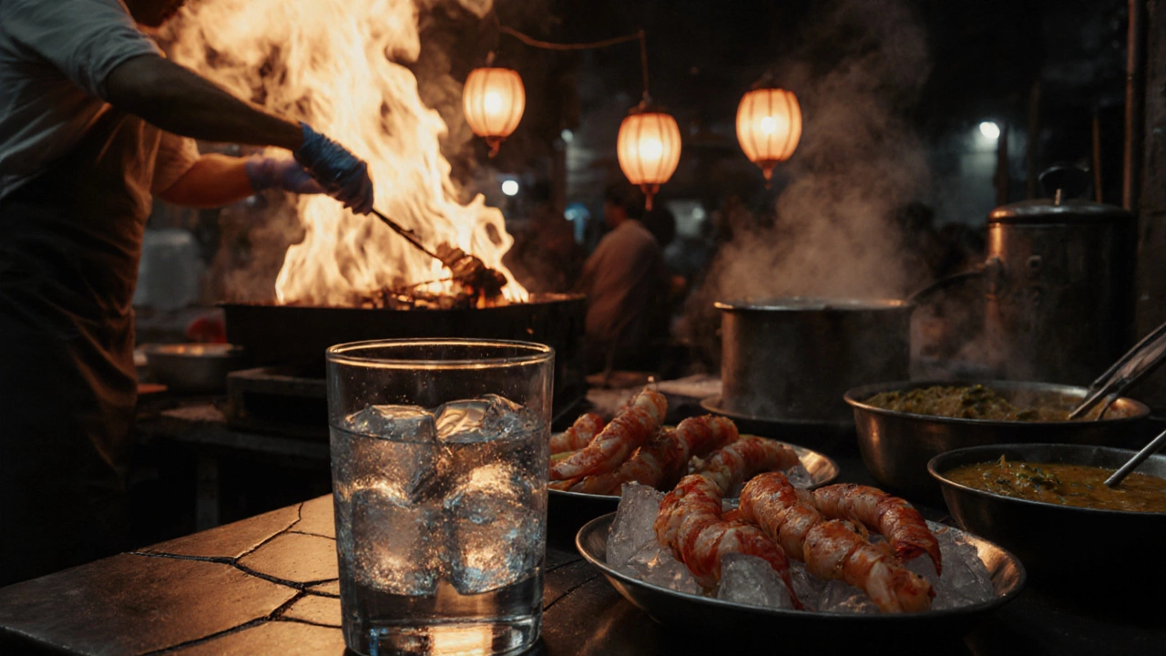 Street food stall at dusk with hot tandoori grill, ice water, and raw seafood on ice.