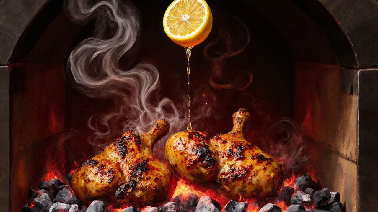 Tandoori chicken grilling in a clay oven with smoke and charred edges, lemon juice dripping above.