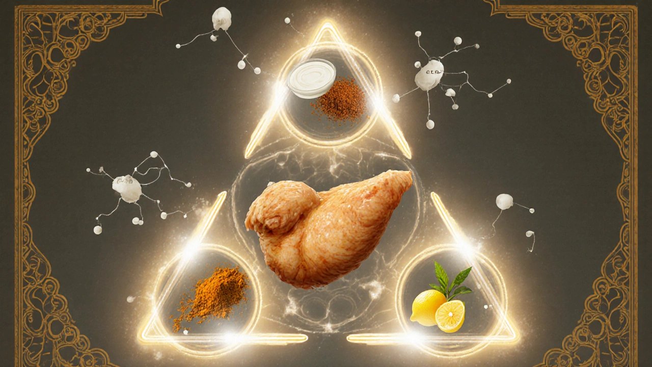 Three glowing ingredients—yogurt, spices, lemon—forming a protective field around chicken.