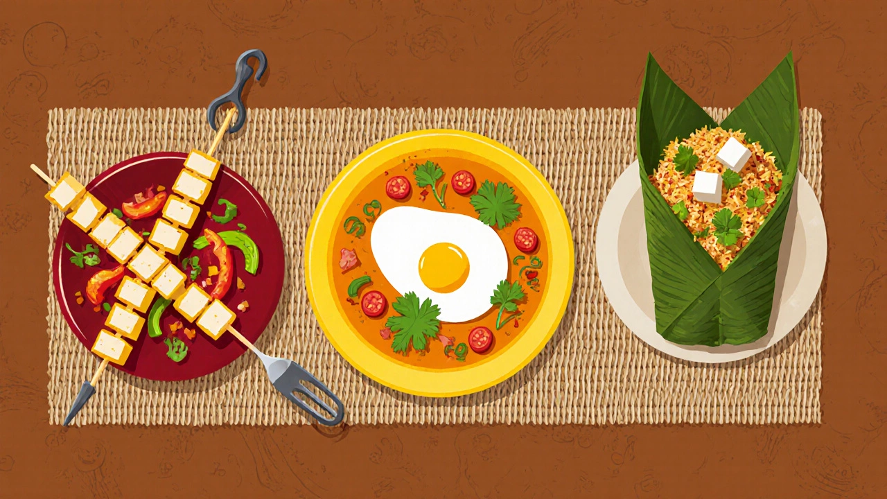 Three Indian dishes side by side: paneer tikka, egg bhurji, and vegan vegetable pulao.