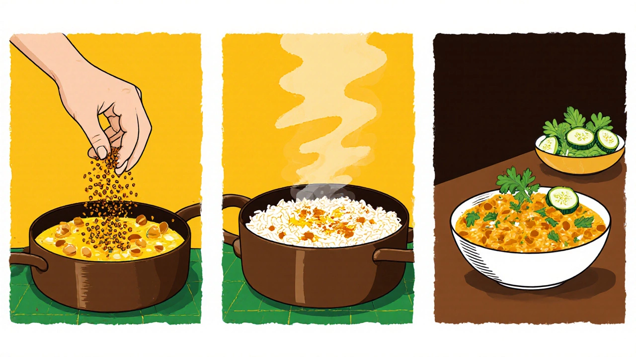Three‑panel illustration showing cumin popping, cooking khichdi, and finished bowl.