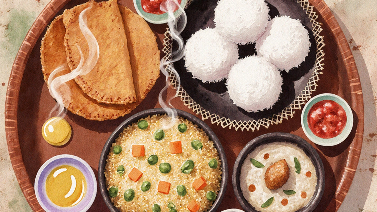 Top‑down watercolor of dosa, idli, upma, vada, appam with chutney and ghee.