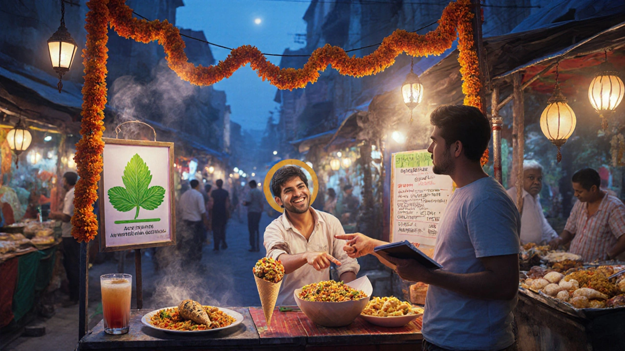 Traveler at a street‑food stall receiving bhel puri, checking a green leaf vegetarian sign under evening lights.