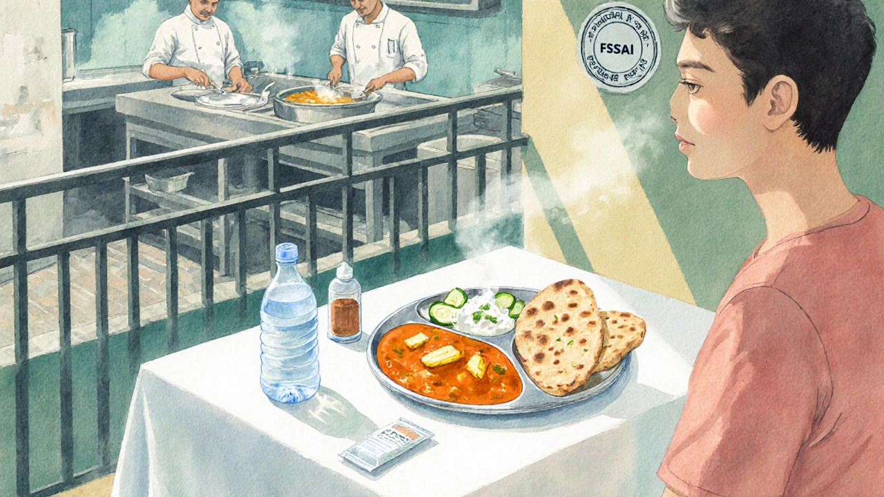 Traveler enjoying a hot thali, bottled water, and sanitizer at a clean restaurant balcony.