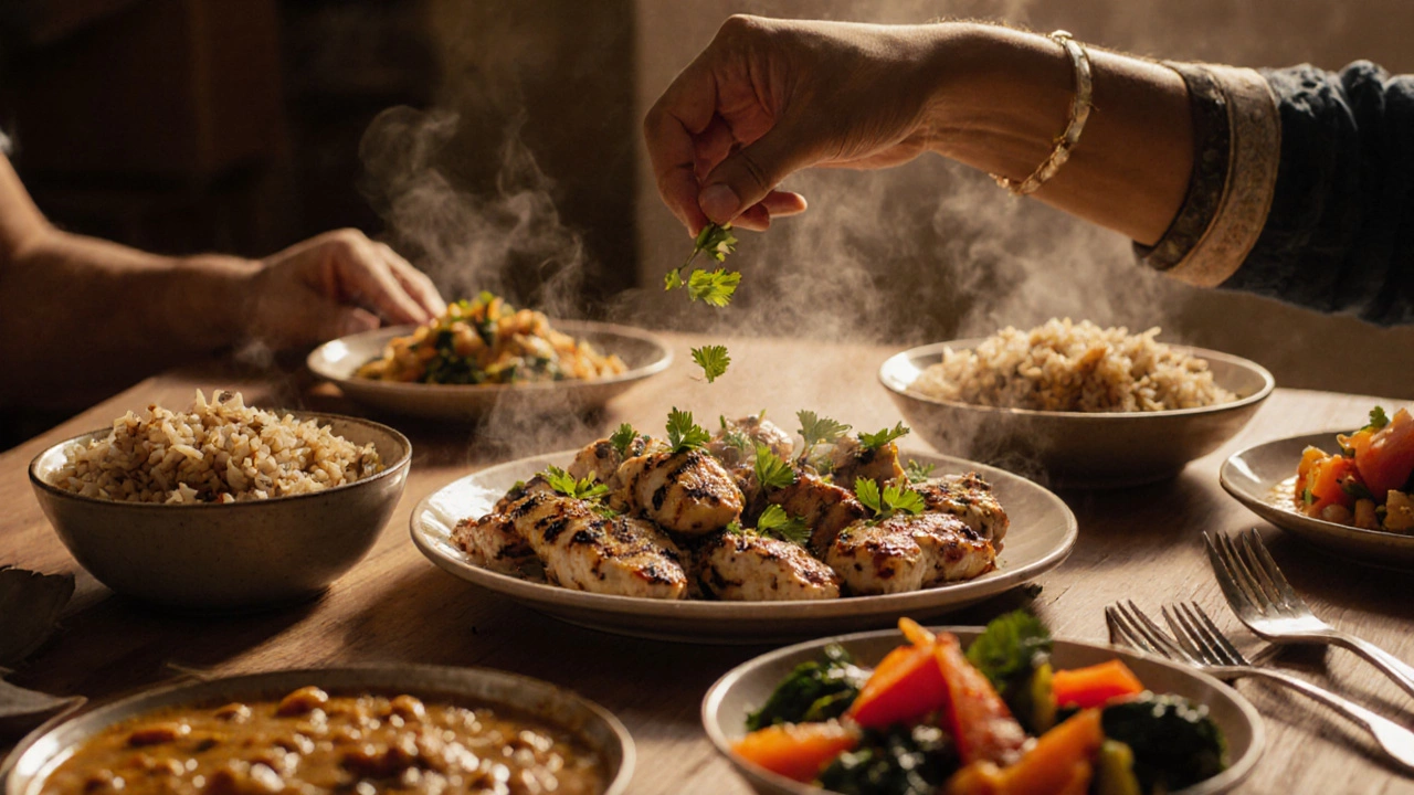 Warm kitchen scene with a family table displaying a balanced Indian meal featuring grilled tandoori chicken, dal, brown rice, and mixed vegetables.