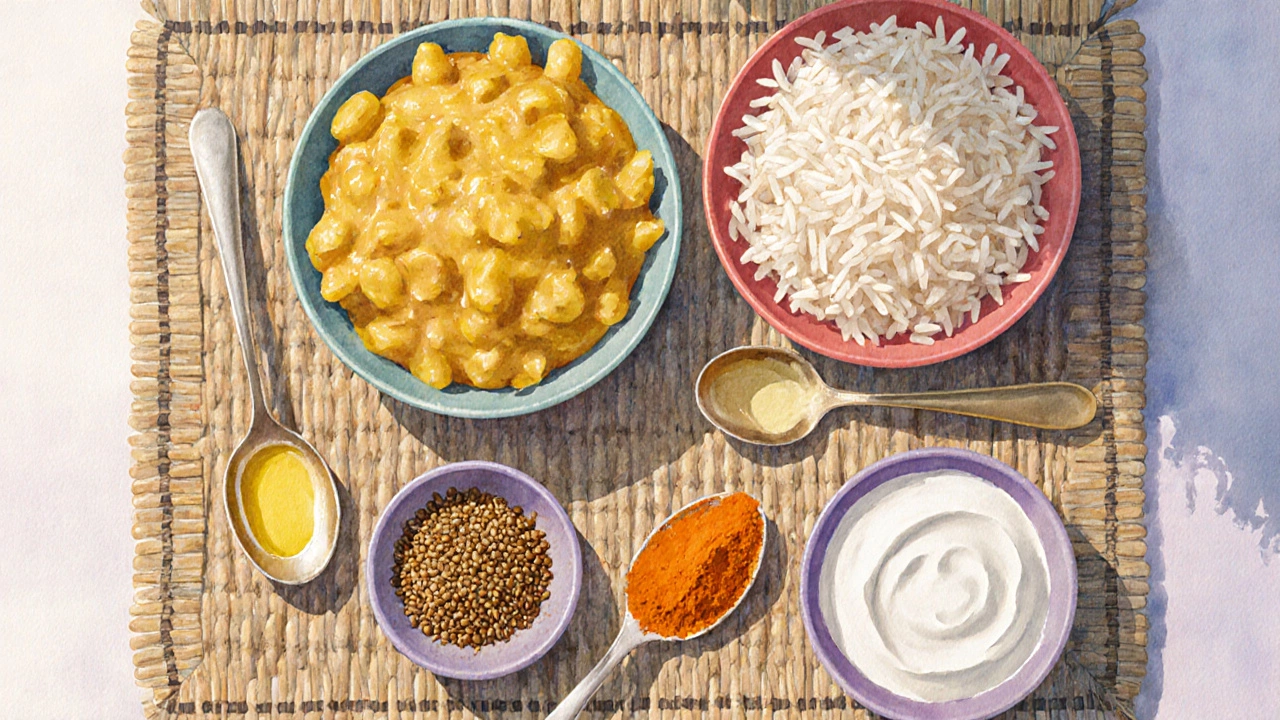 Watercolor flat‑lay of moong dal, rice, ghee, spices, and yogurt.