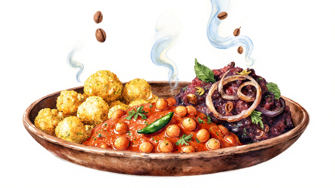 Watercolor illustration of Aloo Gobi, Chana Masala, and Baingan Bharta on a rustic plate.