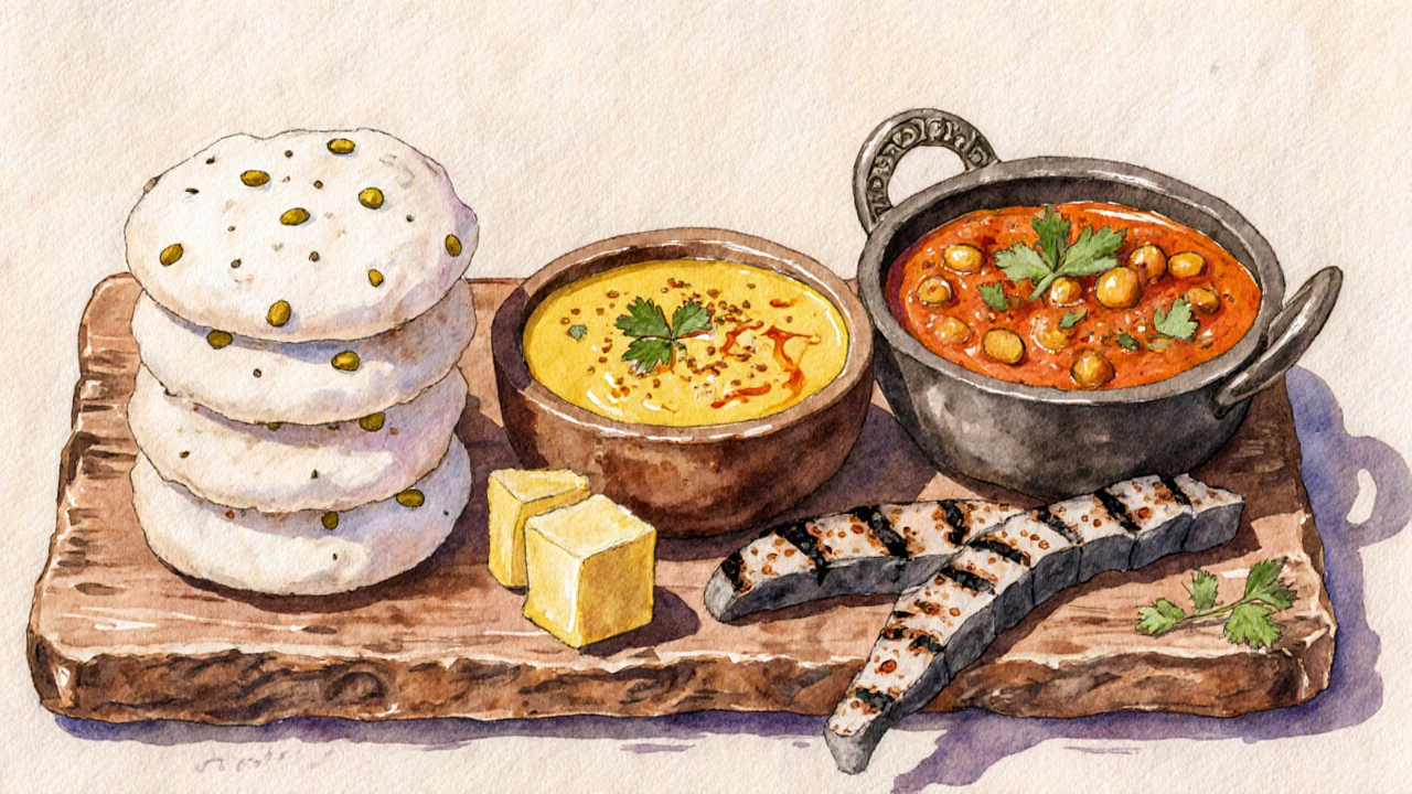 Watercolor illustration of five Indian dishes—idli, dhokla, dal tadka, chana masala, tandoori chicken—arranged on a wooden board.