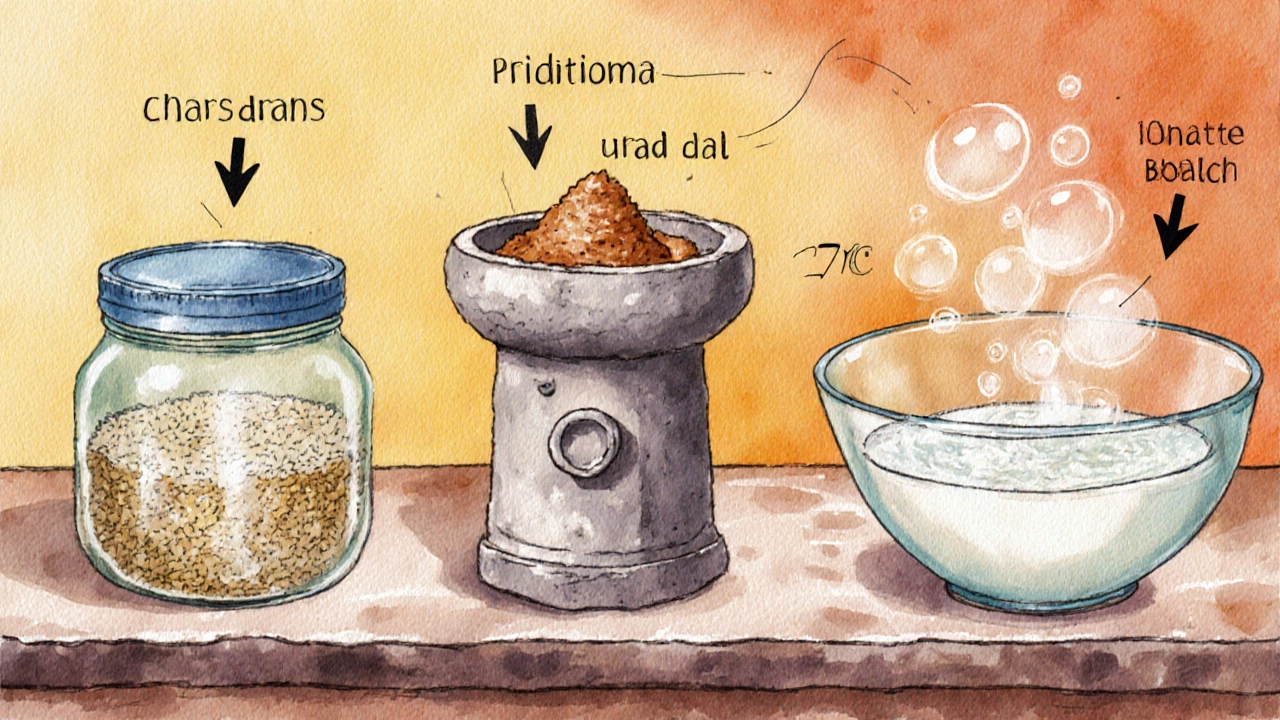Watercolor kitchen scene of soaking, grinding, and fermenting dosa batter.