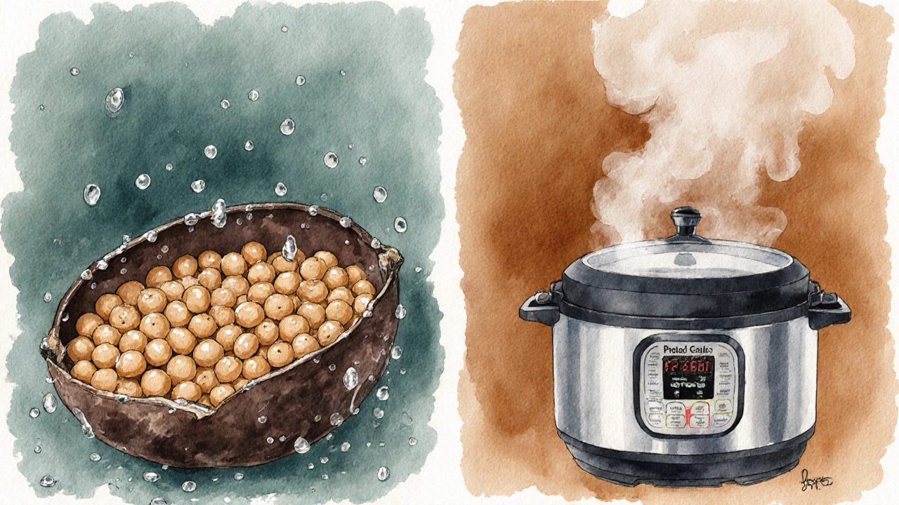Watercolor of thick‑skinned beans soaking and then cooking in a pressure cooker.