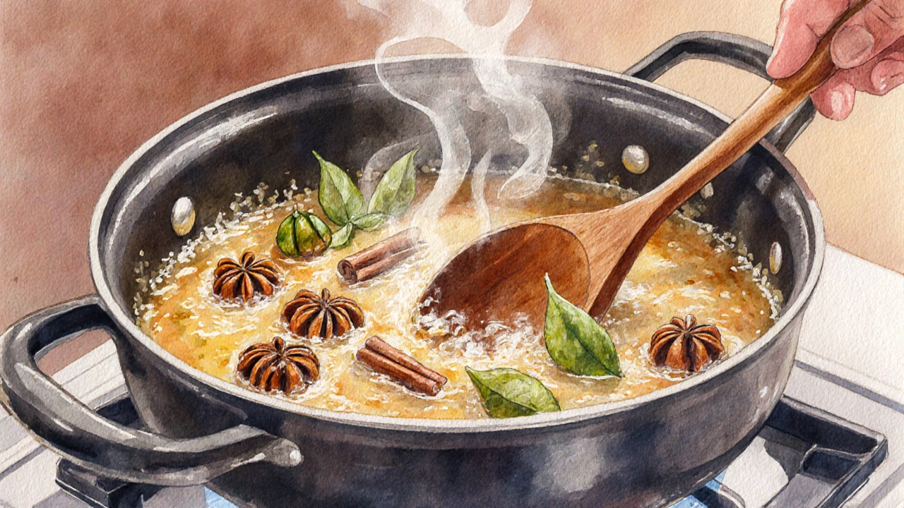 Watercolor scene of spices being sautéed in a pot for biryani.