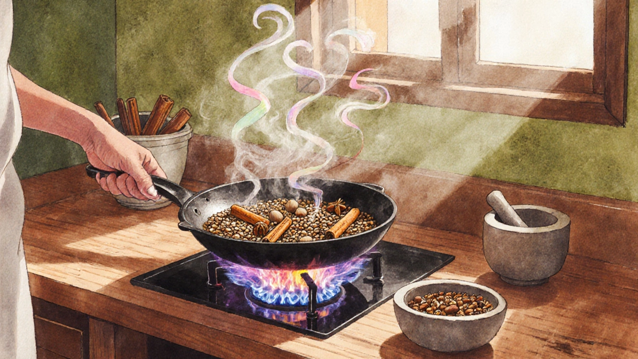Watercolor scene of spices being toasted in a skillet with steam rising.