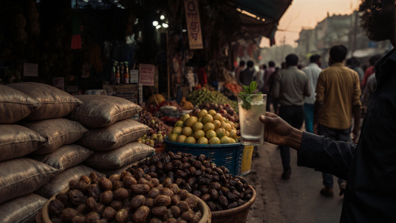 A market stall with jaggery, dates, and fresh fruit, offering nimbu paani without sugary sodas.