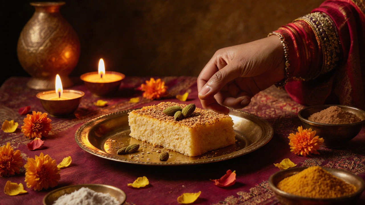 A single piece of mysore pak on a brass plate during Diwali, surrounded by diyas and cardamom.