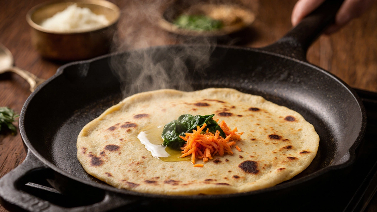 A thin dosa cooking on a cast-iron tawa with vegetables and minimal oil