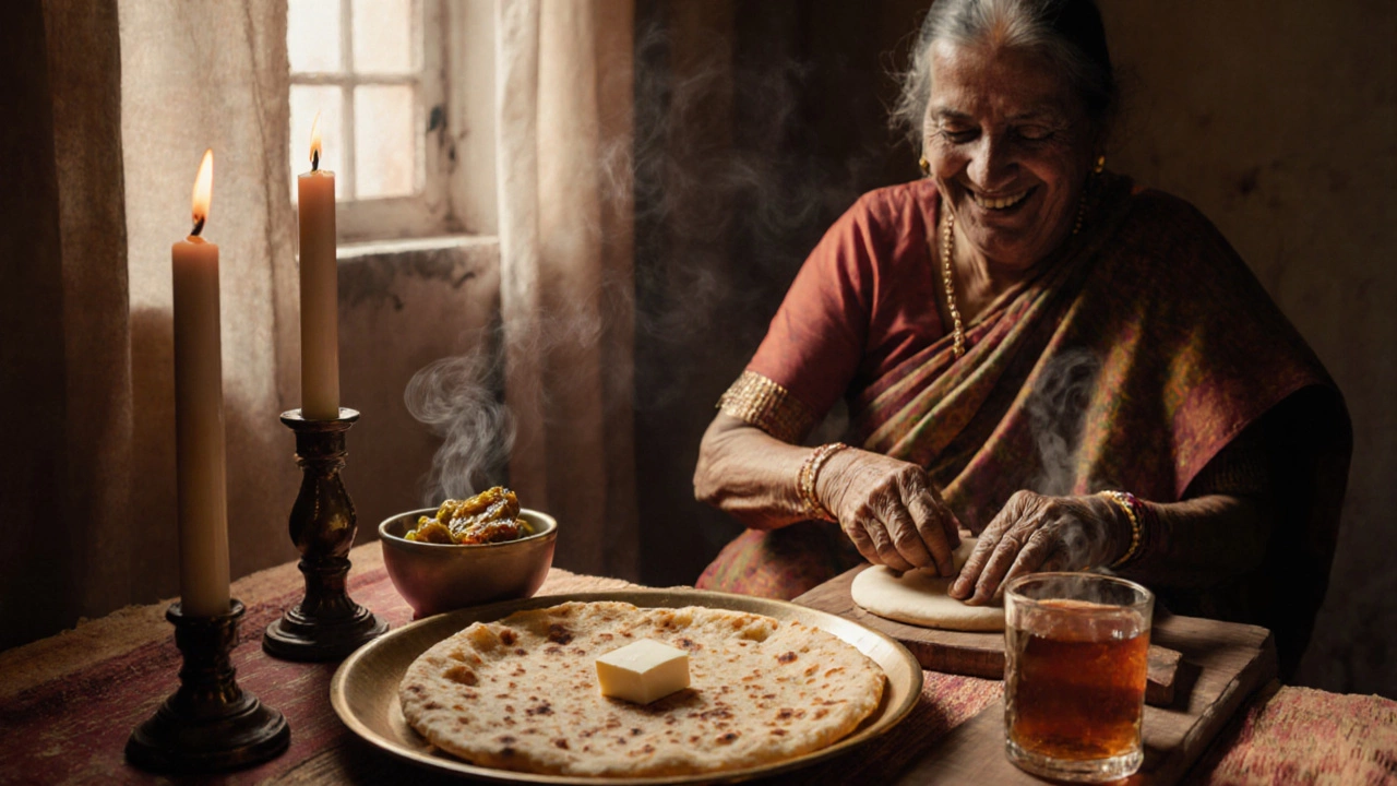Aloo parathas with butter and pickle served with masala chai in a traditional Indian home.