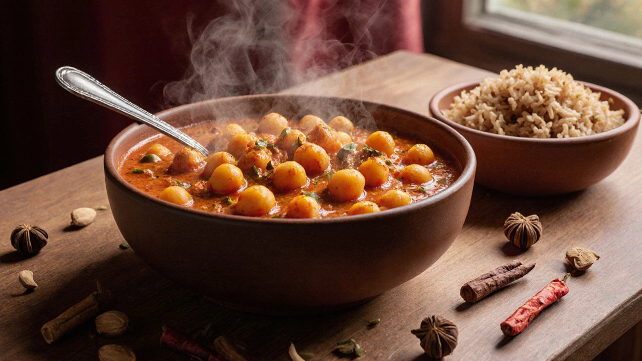 Chana masala with chickpeas and spices in a bowl, served with brown rice.